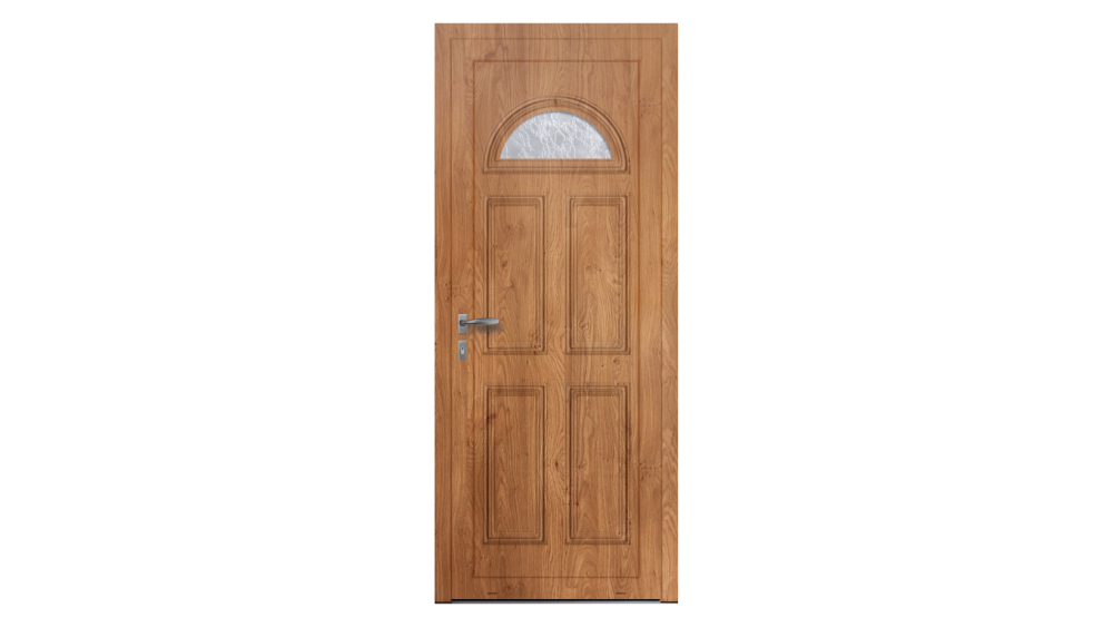 Porte d'entrée PVC parclosé BERGOT Porte d'entrée effet bois avec insert petit demi-cercle sur le haut de la porte